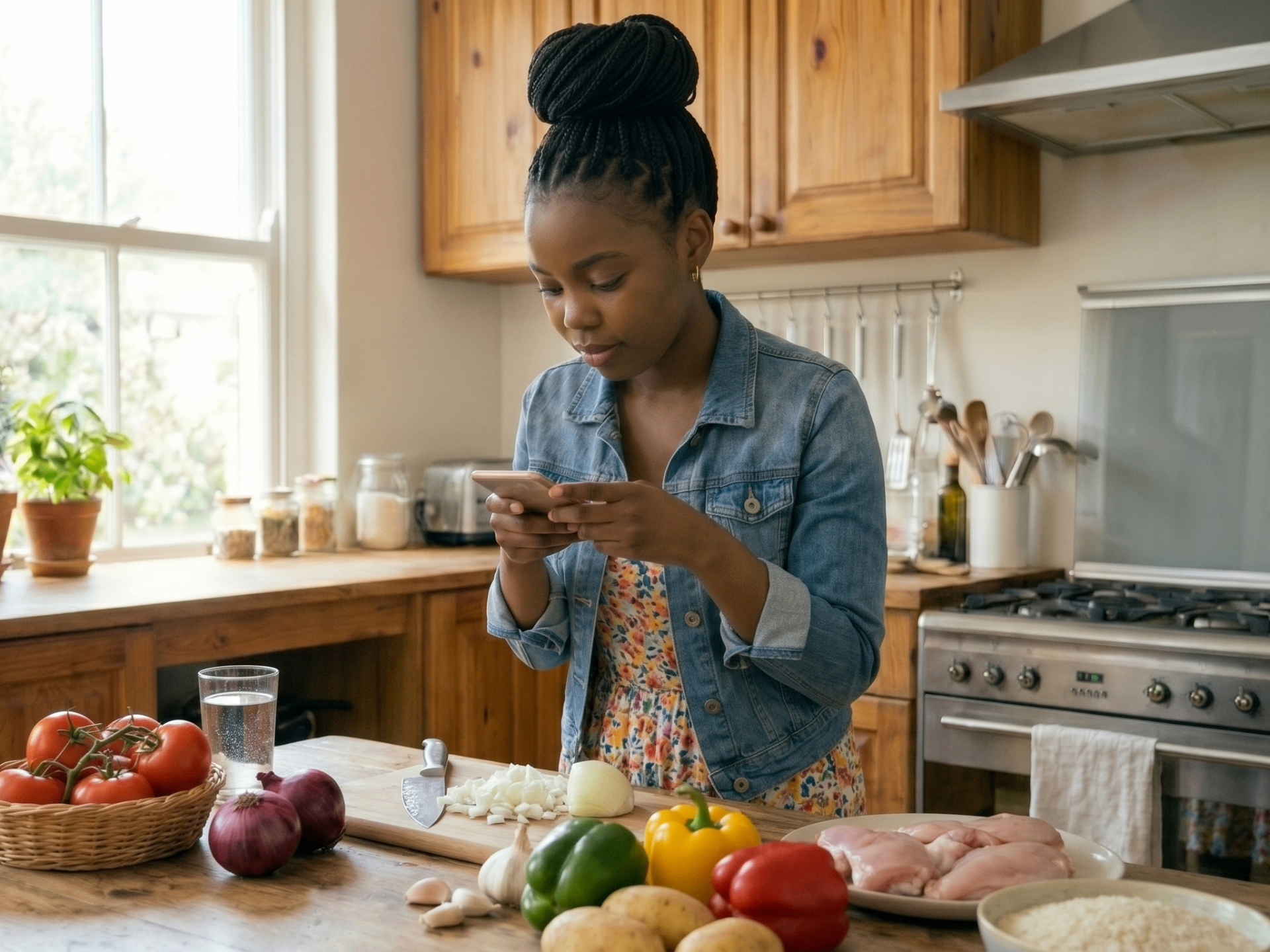 Mulher angolana a aprender receitas no telemóvel com ingredientes preparados